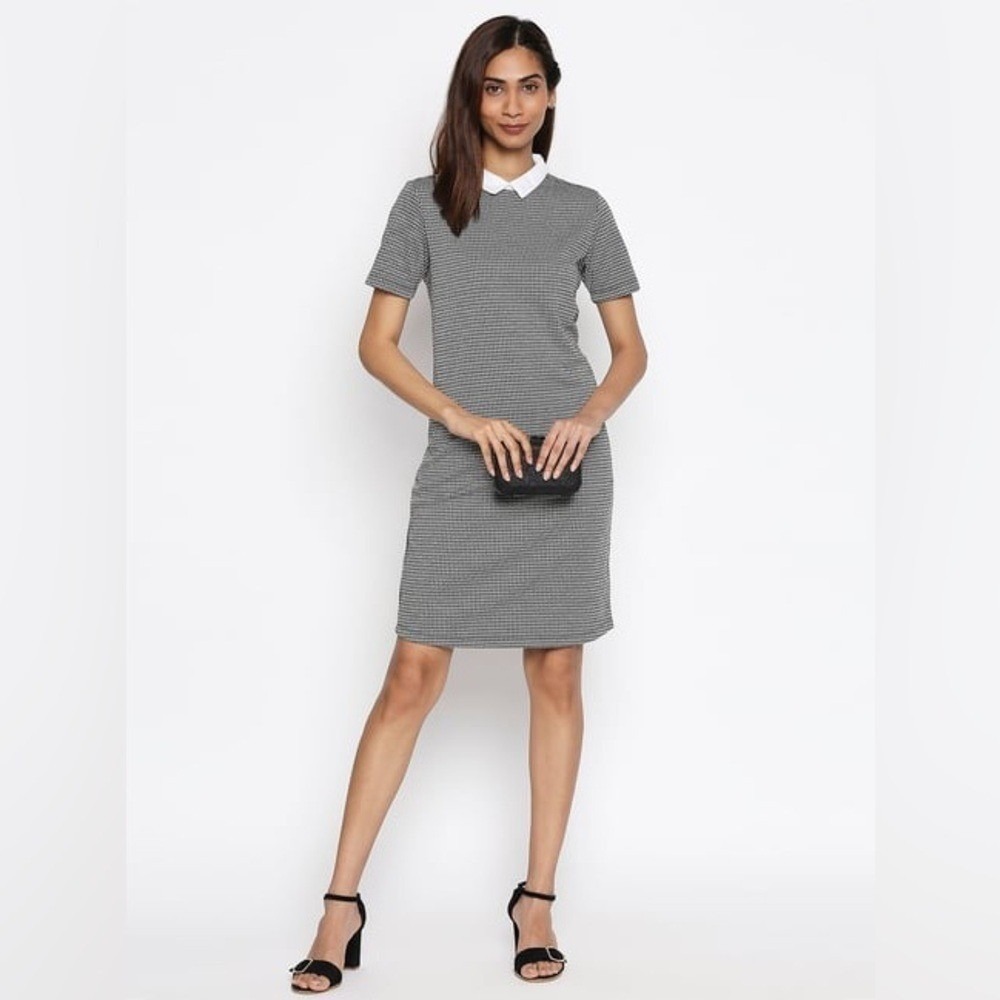 F&F Black/White Houndstooth Collared Short Sleeve Dress
